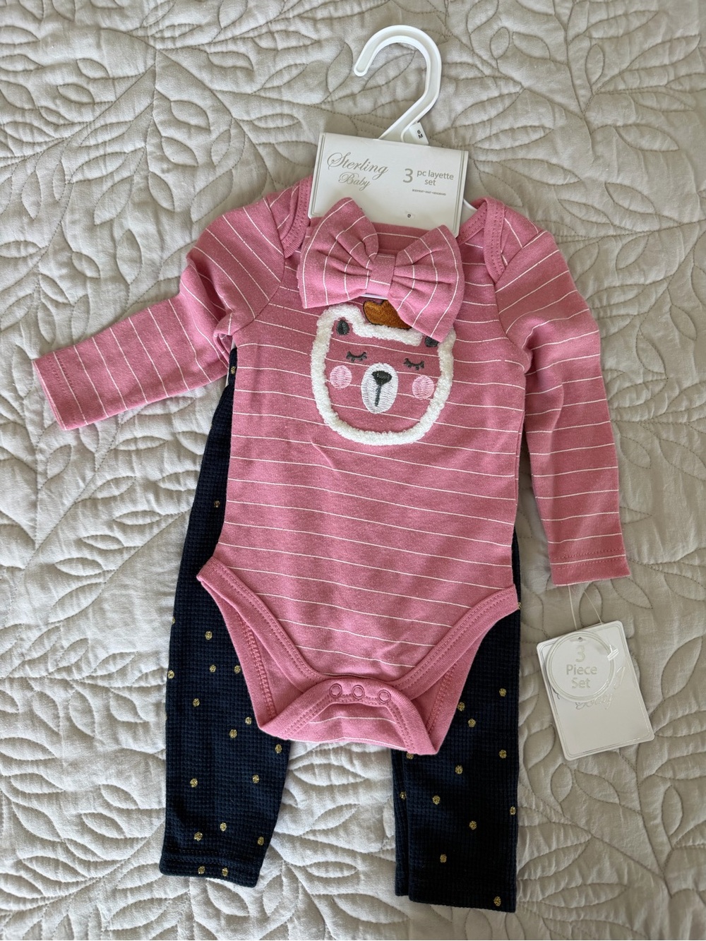 Pink Striped Bear Bow One-Piece with Navy Leggings - Baby Girls